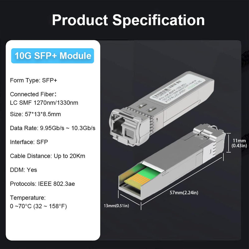 10G SFP Bi-Directional Singlemode Transceiver Pack of 2 | SMF LC 20km 1270nm/1330nm with Digital Diagnostic Monitoring for D-Link, Mikrotik, TP-Link and More, 10G-SMSF-20KM