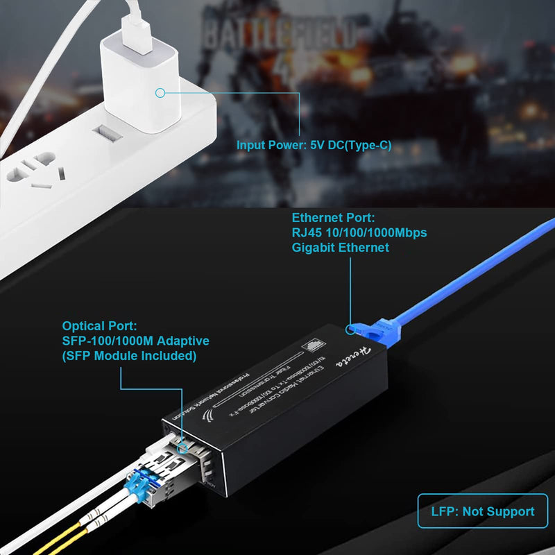 Gigabit Fiber Media Converter, Single Mode LC Fiber to Ethernet Converter for 10/100/1000Base-Tx to 100/1000Base-Fx with a SFP MMF 1310nm Module, SFP to RJ45, up to 20km