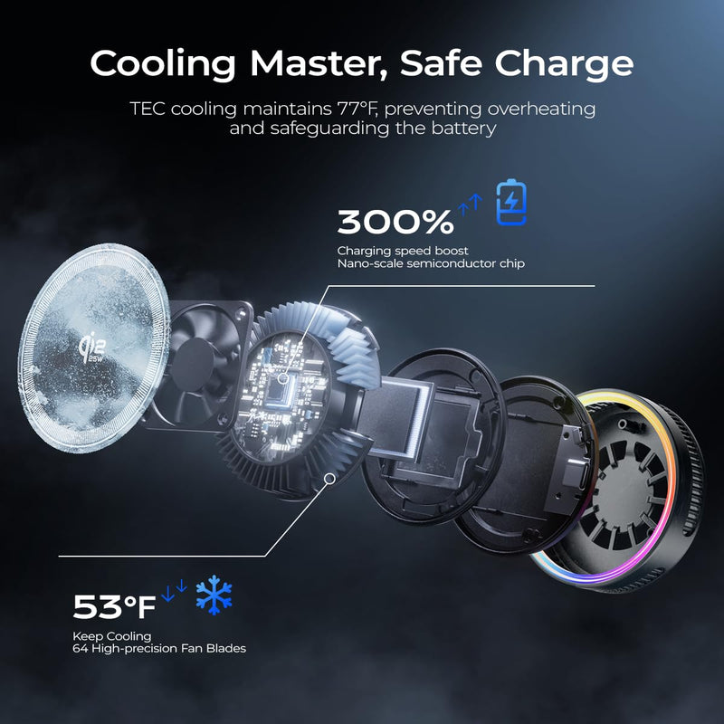 Qi2.2 Magnetic Car Mount Charger【25W Fast Charging+Ice-Cooling】 360° Rotating Fast Wireless Charger Stand with Cooling Fan/LED Light,Vacuum Magnetic Phone Holder Compatible with iPhone 12-17, S26/S25 Stand+Cooling Charging Pad