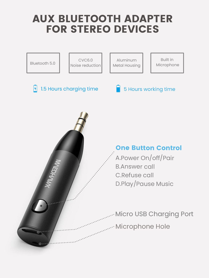 [AUSTRALIA] - Maedhawk 3.5mm Bluetooth Aux Adapter for Car, [Noise Cancelling] Bluetooth 5.0 Receiver with Built-in Mic for Hands-Free Calls, Home Audio Stereo Headphone Speaker Music Streaming Black 
