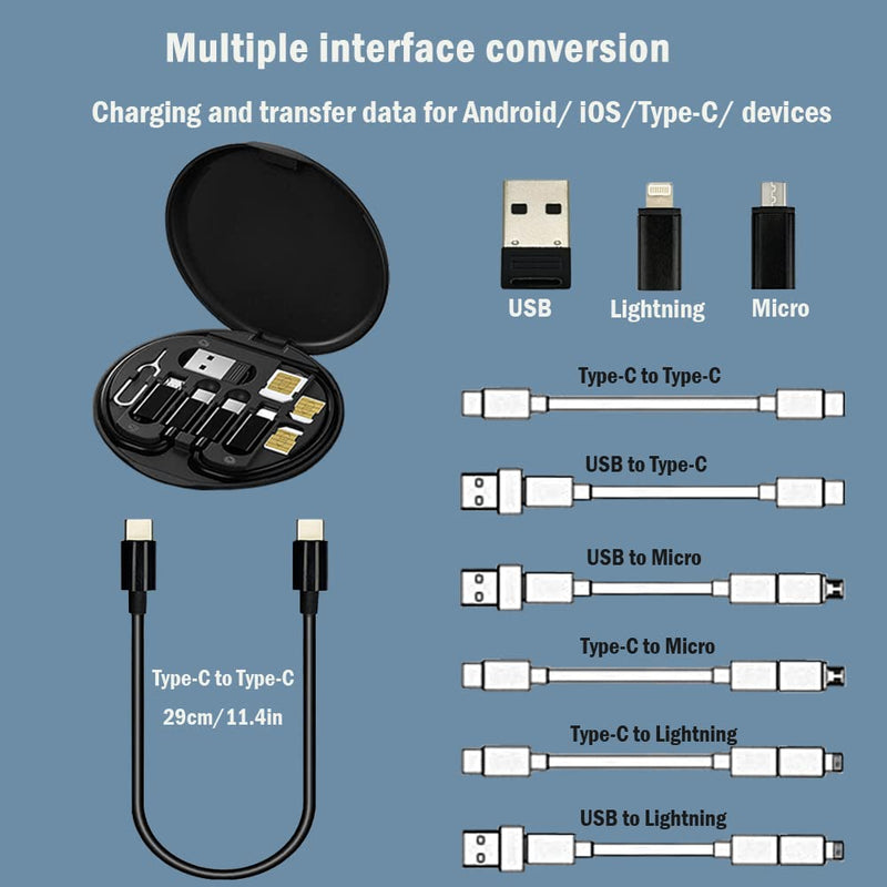 USB Adapter Cable Conversion Storage Box, Multi-Type Charging Line Convertor Lightning Type C Micro Data Transfer Tool Contains Sim Card Slot Tray Eject Pin, Use as Phone Holder (Black) Black