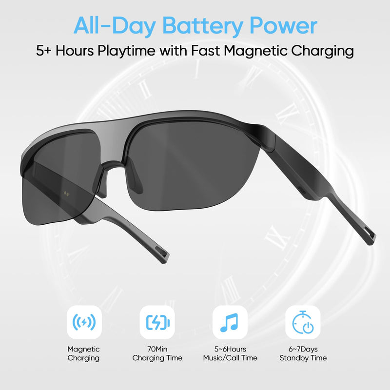 Polarized Bluetooth Smart Sunglasses with Built-in Mic, Open-Ear Audio, IP65 Waterproof & 5-Hour Battery (Black) Black