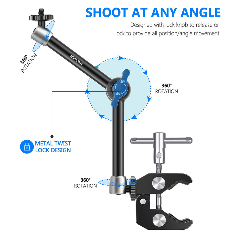 NEEWER 9.8"/25cm Adjustable Magic Arm with Super Clamp, 1/4" & 3/8" Threads, 1/4" Screws for Flash/LED Light/Microphone/Monitor, Compatible with SmallRig Camera Cage, Max Load: 4.4lb/2kg, ST25C