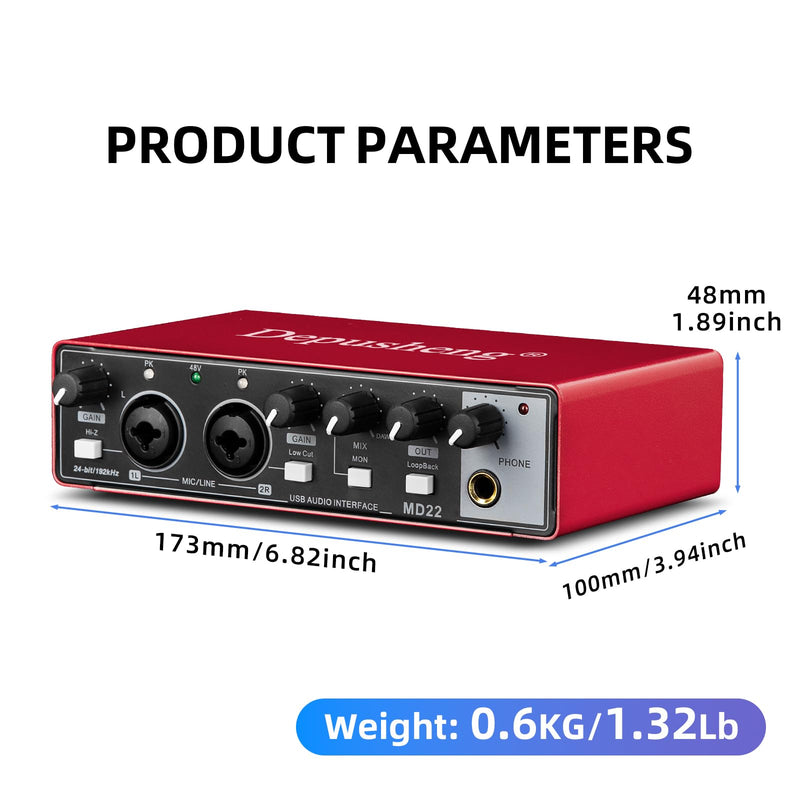 Depusheng RED USB Audio Interface for Recording Music, XLR Interface with 48 V Phantom Power, Audio Box for Guitarists,Podcasters or Producers to record and playback studio quality sound