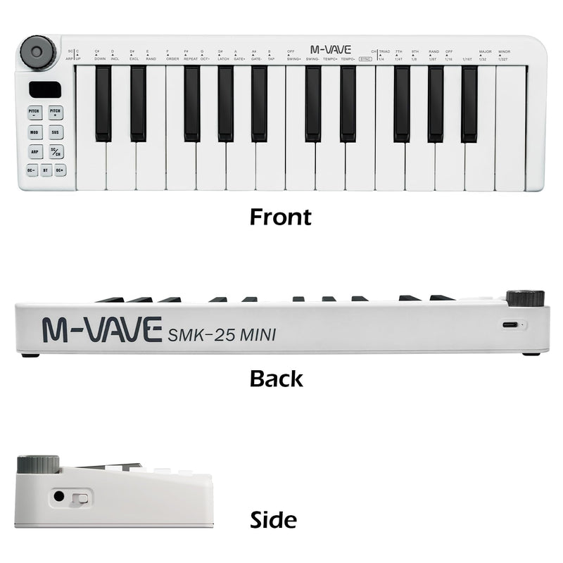 M-VAVE 25 Keys Mini Keyboard – Professional Beat Maker and Keytar for Keyboard Music Production Builtin Battery Wireless Connect White Mini no PADS