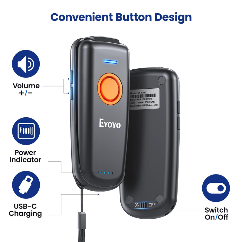 [AUSTRALIA] - Eyoyo Mini Bluetooth Barcode Scanner: 1D Fast & Accurate Scanning, Wireless & USB Wired Bar Code Scanner for Inventory, Portable Barcode Reader Compatible with iPhone iPad Android Tablet POS Computer 