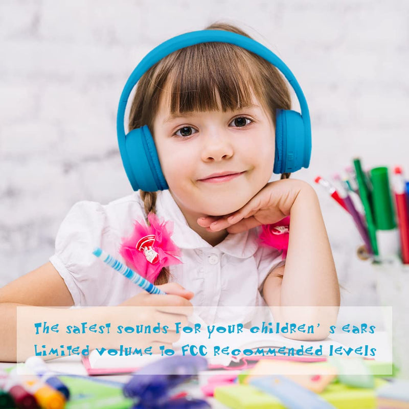 Headphones Bluetooth Wireless Kids Volume Limit 85dB /110dB Over Ear Foldable Noise Protection Headset/Wired Inline AUX Cord Mic for Children Boy Girl Travel School Phone Pad Tablet PC Blue