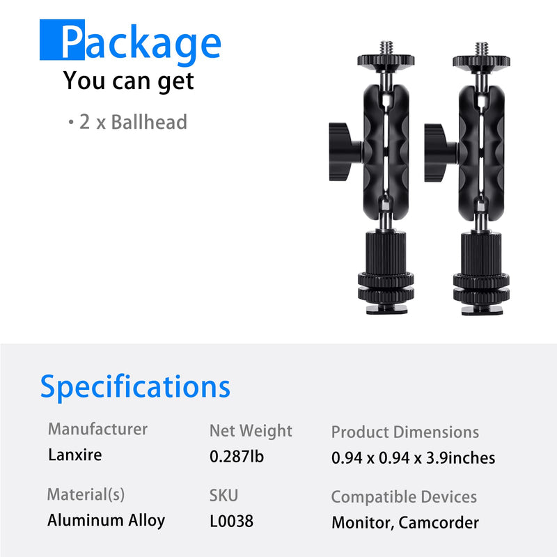 Magic Arm Cool Ballhead Double Ball Head Adapter with 1/4’’ Screw and Cold Shoe Mount - 2 Pack for Cameras, Camcorders, Monitor, Flash, LED Light, Microphone, and More