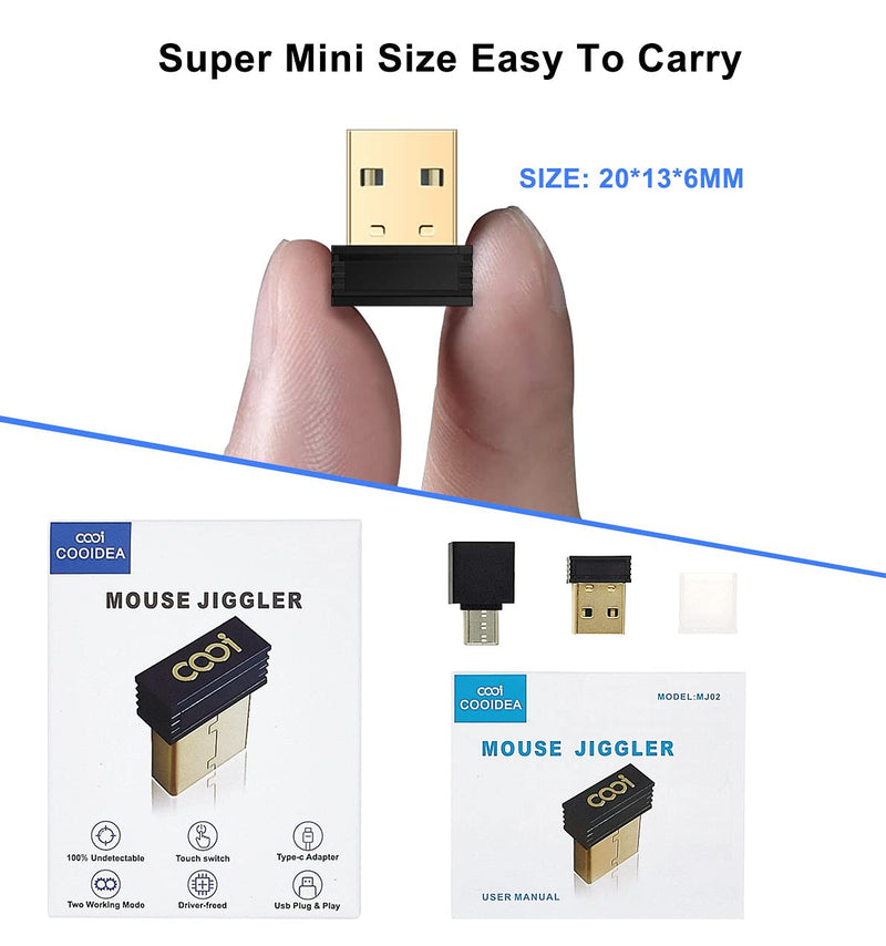 Mouse Jiggler, COOIDEA Mini Undetectable Mouse Mover with ON/Off Touch Switch, USB-C Adapter ,2 Jiggle Modes, Driver-Free, Plug-and-Play Keeps Computer/Laptop Awake,Black.