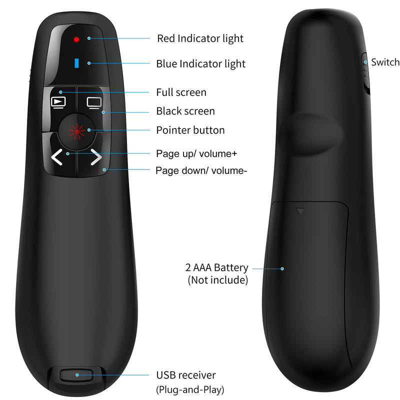 Wireless PowerPoint Remote Presentation Clicker: Battery Operated Presenter PPT Slide Advancer with Red Pointer | 100Ft Control Range | Plug & Play via USB | Ergonomic Design - Universal Compatibility USB-1 Pack