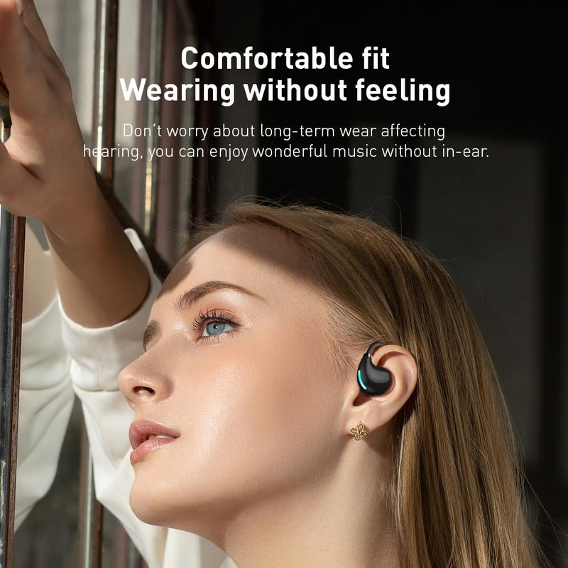 IHAO Open Ear Earbuds Air Conduction Headset Wireless Bluetooth Sport Headphones with Mic Earphone Lightweight Painless Wearing Sweatproof Earpiece Stereo Earphone for Running Hiking Bicycling-Black