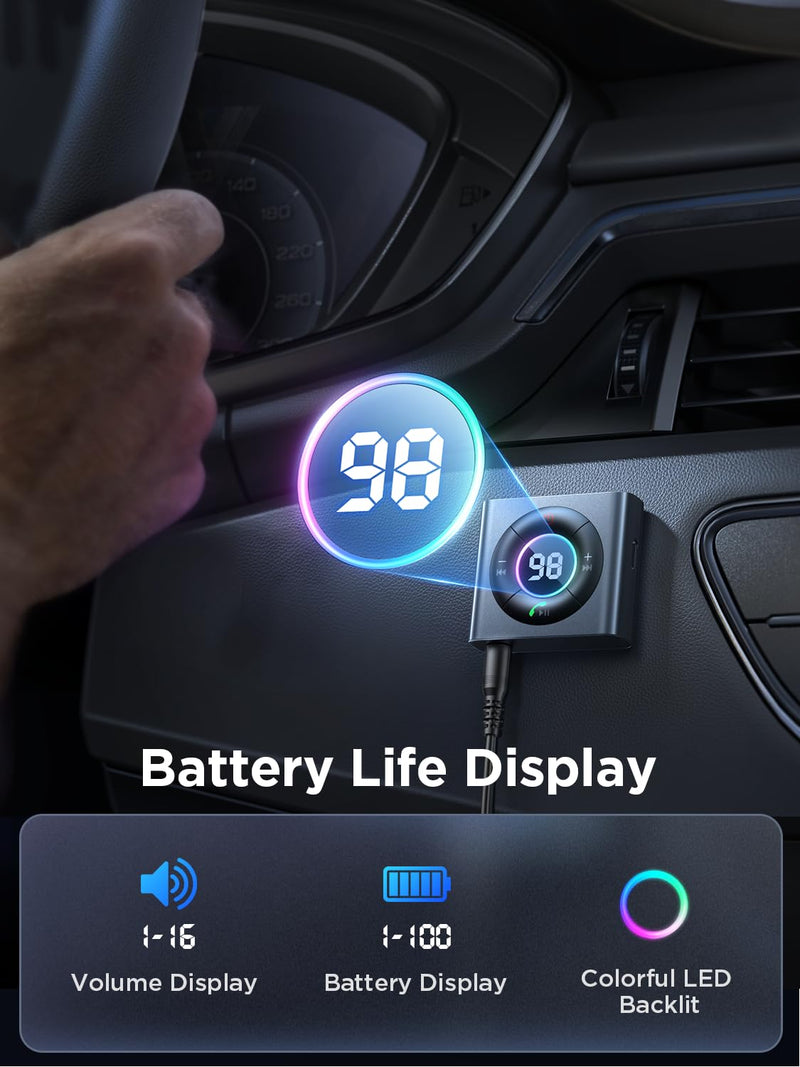 JOYROOM AUX Bluetooth 5.4 Car Adapter [Dual Mics& HiFi Deep Bass Sound] [Noise Cancelling& Battery Life Display] Bluetooth Receiver for Music/Hands-Free Calling, 26H Battery Life, 2024 Upgrade, Metal Dark Gray