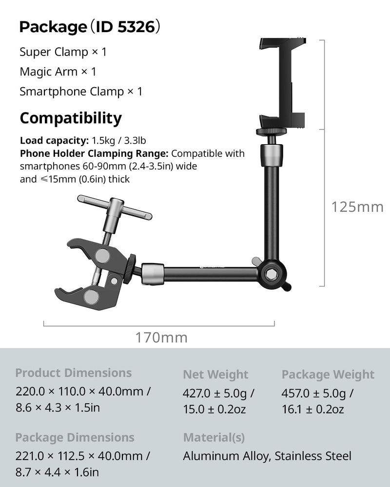 SmallRig Clamp w/ 1/4" and 3/8" Thread Holes, 9.8 Inches Adjustable Friction Power Articulating Magic Arm with Phone Holder for Action Cameras, Smartphones, LCD Monitor/LED Lights - 5326 9.8''+phone clamp