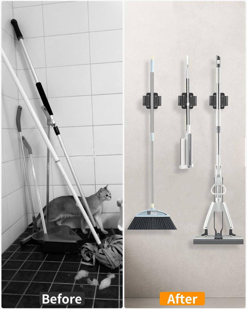 FAOKZE Pack of 12 Stainless Steel Mop Holder, Broom Holder Wall, Broom Holder, Tool Holder, Wall Mount, Stainless Steel Wall Mount, Garden Tool Holder, (24 Screws), for Kitchen, Home, Bathroom Black 12pcs