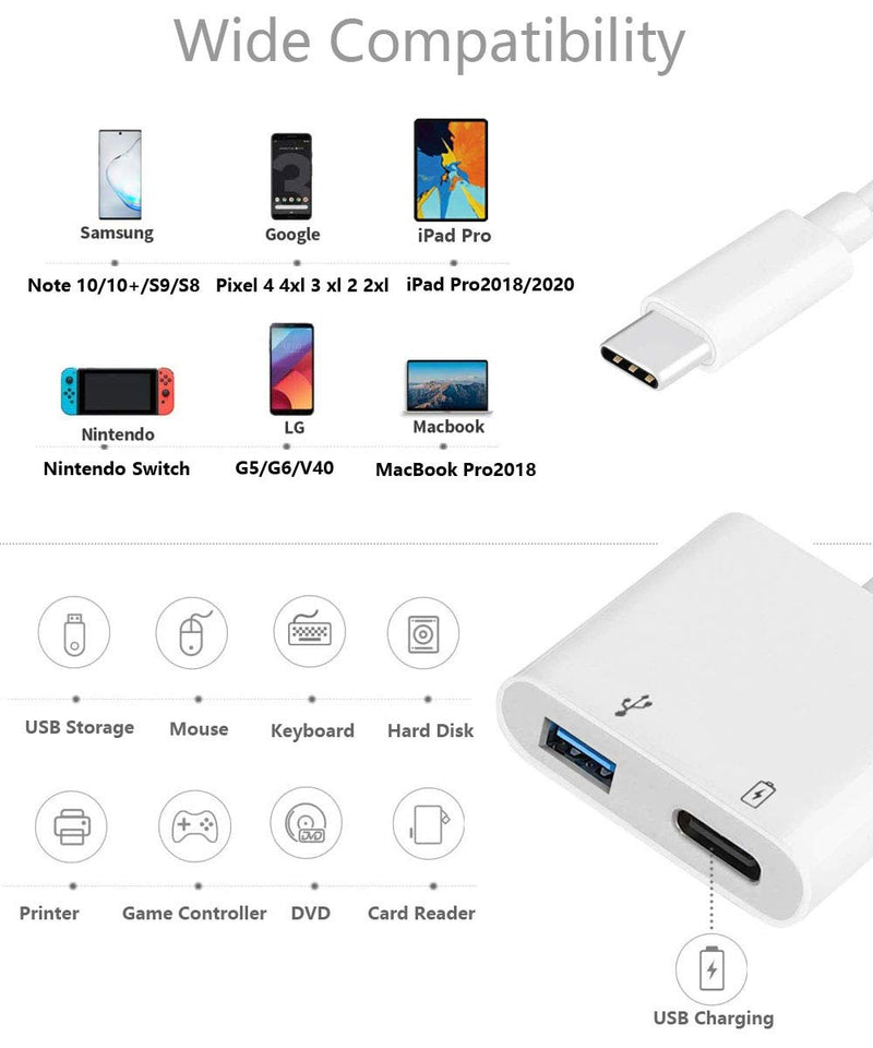 USB C OTG Adapter with Power, 2 in 1 USB C to USB Female with 60W PD Charging Adapter Compatible with iPad Pro, Samsung Galaxy S22/S21/S20/Note10, Google Pixel 4/4XL Google Chromecast with Google TV White