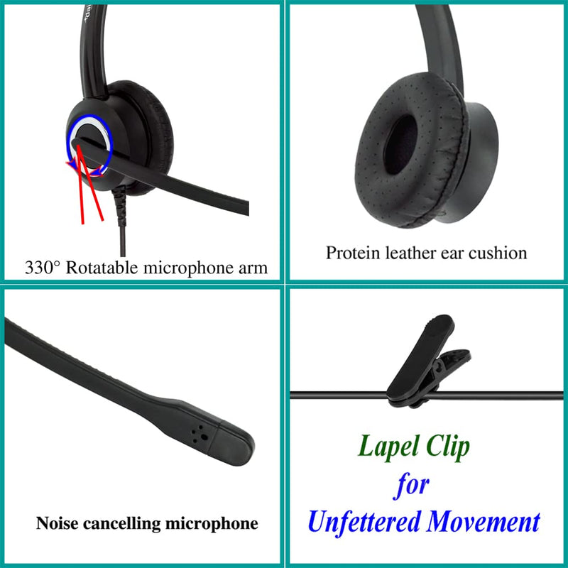 Polycom Phone Headset Noise Cancelling Mic RJ9 U10P Bottom Cable Compatible with Polycom VVX, Shoretel, Avaya Digital Phones Double Ear
