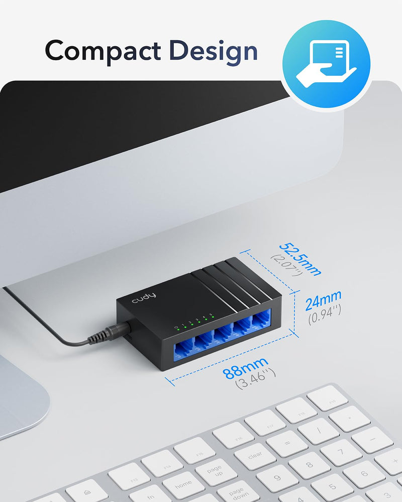 Cudy 5 Port Gigabit Compact Unmanaged Ethernet Switch, GS105D | 5x GbE RJ45, 10 Gbps capacity, 7.44 Mpps, 140m reach, IGMP snooping, silent plastic body, tabletop/wall install, 1.2W max