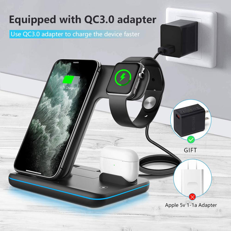 WAITIEE Wireless Charger 3 in 1, 15W Fast Charging Station for Apple iWatch SE/6/5/4/3/2/1,AirPods Pro, Compatible with iPhone 13/12/12 Pro Max/11 Series/XS Max/XR/XS/X/8/8 Plus/Samsung Galaxy (Black) Black