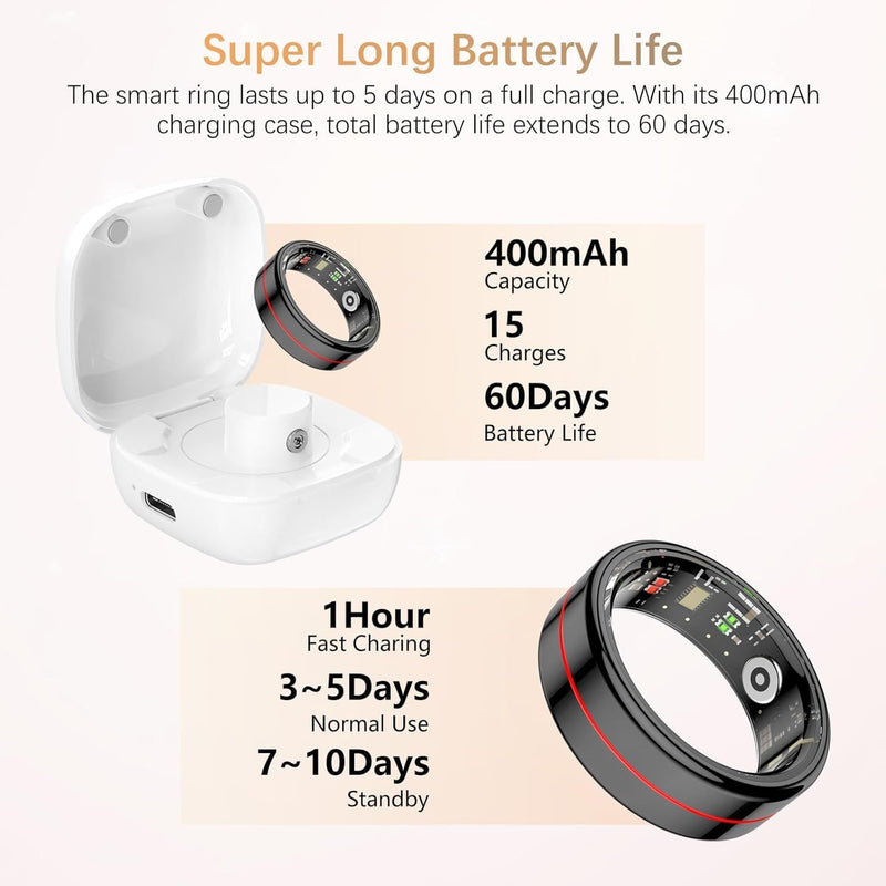 Fit Ring, Smart Health Rings for Women Men with Heart Rate,Blood Oxygen,HRV,Stress Level, Sleep Monitor, Step Tracker, No Subscription Fee, IP68 Waterproof Smart Ring for iphone &Android (Black, 13#) Black 13#