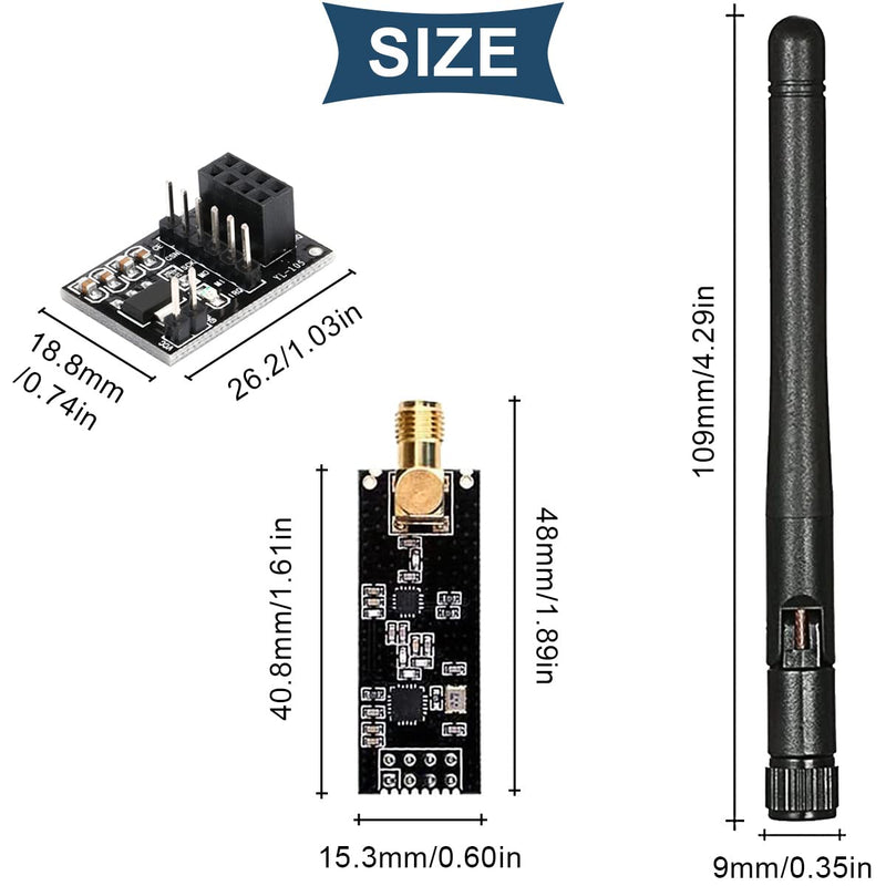 DAOKAI NRF24L01 Wireless Transceiver Receiver, Pack of 2 NRF24L01+PA+LNA Wireless RF Transceiver Module with SMA Antenna 2.4 GHz 1100 m + Breadboard Breakout Adapter Board Compatible with NRF24L01