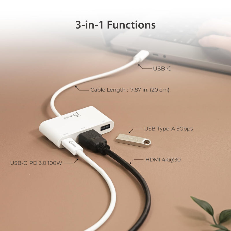j5create USB Type-C to 4K HDMI and USB-A 3.0 with PD 100W | Pass-Through Charging, for MacBook, Chromebook, iPad Pro or USB-C Laptop (JCA379)