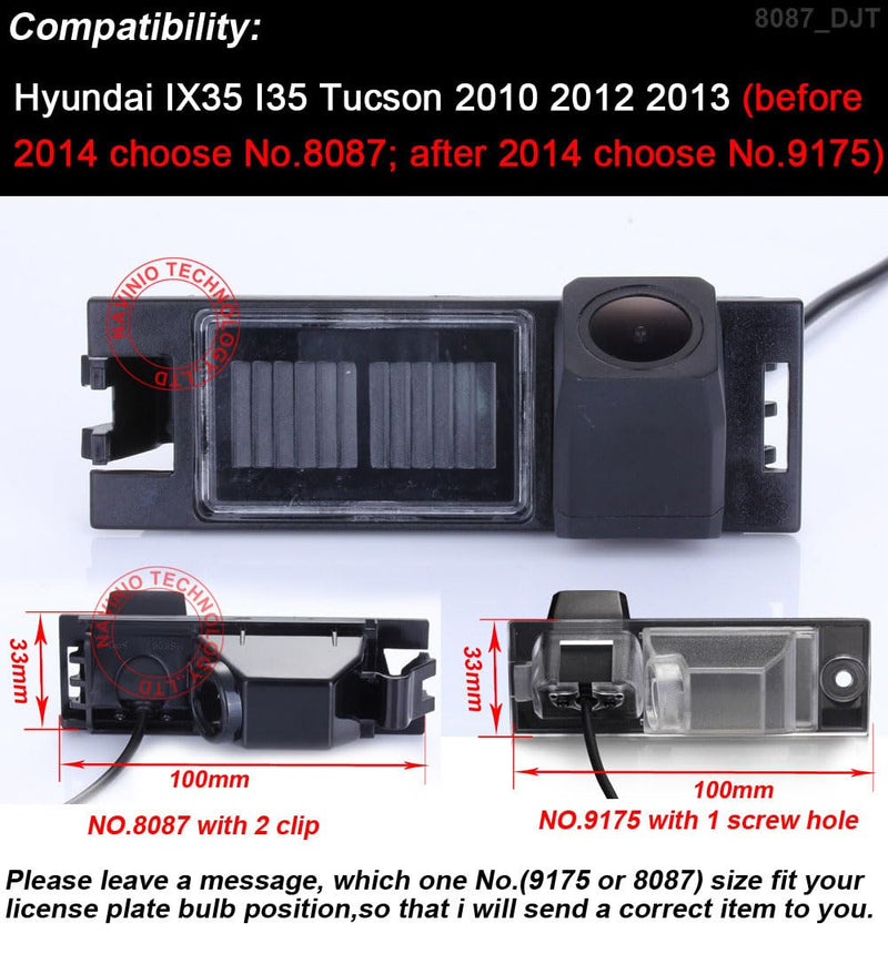 Super HD Vehicle Camera 1280x720 Pixels 1000 TV Lines Car Rear View Backup Camera License Plate Light Parking Camera for Hyundai IX35 135 Tucson 2010 2012 2013 (NO.8087 with 2 Clip) 8087 with 2 clip