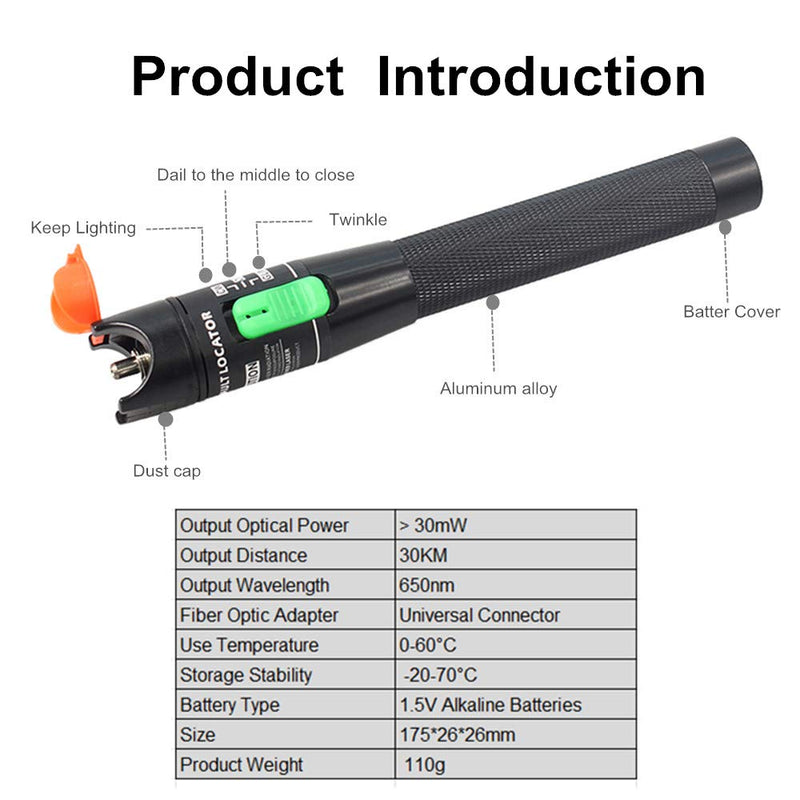 Visual Fault Locator, 30-50KM Fiber Optic Cable Tester Meter VFL Red Light Pen Light Source Testers