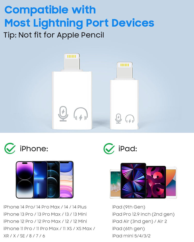 [AUSTRALIA] - MoKo USB C Female to Lightning Male Adapter, Lightning Male to USB-A Female OTG Adapter Connector for iPhone 14/13/12/11 Pro Max/iPad/iPod/AirPods, Support 10W Fast Charging/Data Transfer/Audio White 