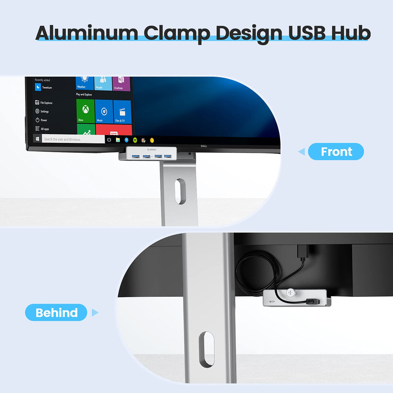 ORICO 4 Port USB 3.0 Hub Clamps on Monitor or Table, USB A/A and A/C Cable Included(4.92FT), Extra Power Supply Port, Space-Saving Mountable Aluminum USB Hub for iMac, All-in-One Desktop Computer 4 port + 2 Data Cable