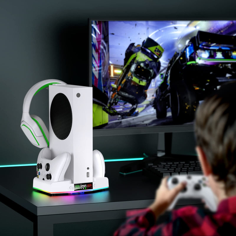 Upgraded Cooling Fan Stand for Xbox Series S with Charger Station, MENEEA Controller Charging Dock & Console Cooler System with 15 Colorful RGB Light & Headset Hook, Accessories for XSS White