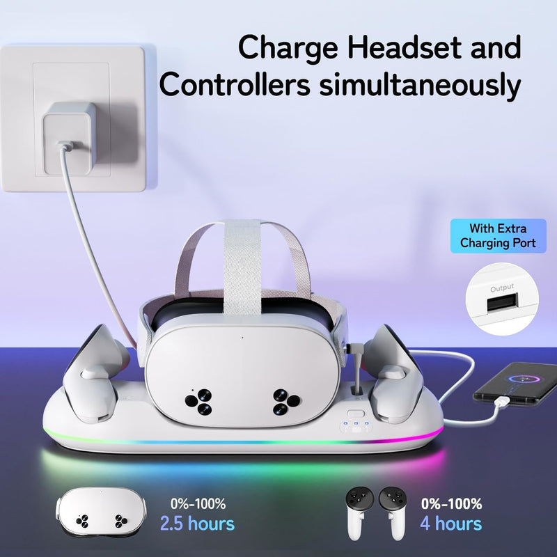 GearSpire 30W Fast Charging Dock Station for Quest 2/3/3S, White RGB LED Stand with USB-C Fast Charging, Controller Charger, VR Headset Accessories30