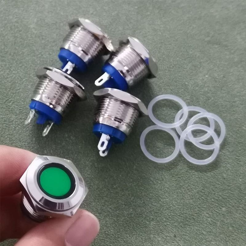 Gebildet 5pcs 16 mm AC/DC 12-24V Nickel-Plated Copper Waterproof Soldering Type LED Indicator Light (Green) Green