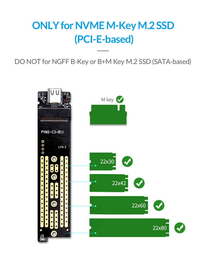 ORICO NVME M.2 to Type-C USB3.1 Gen2 10Gbps Transparent External Solid State Drive Adapter Enclosure for 2280 2260 2242 2230 PCI-E M2 M-Key SSD, USB Type C Converter Case (TCM2-Blue) Blue