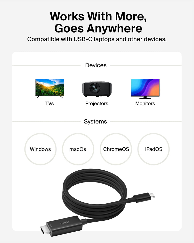 Belkin USB-C to HDMI Cable, 6.6ft | Connects USB-C laptop to HDMI TV or monitor, supports 4K video, compatible with MacBook, Chromebook, and PC