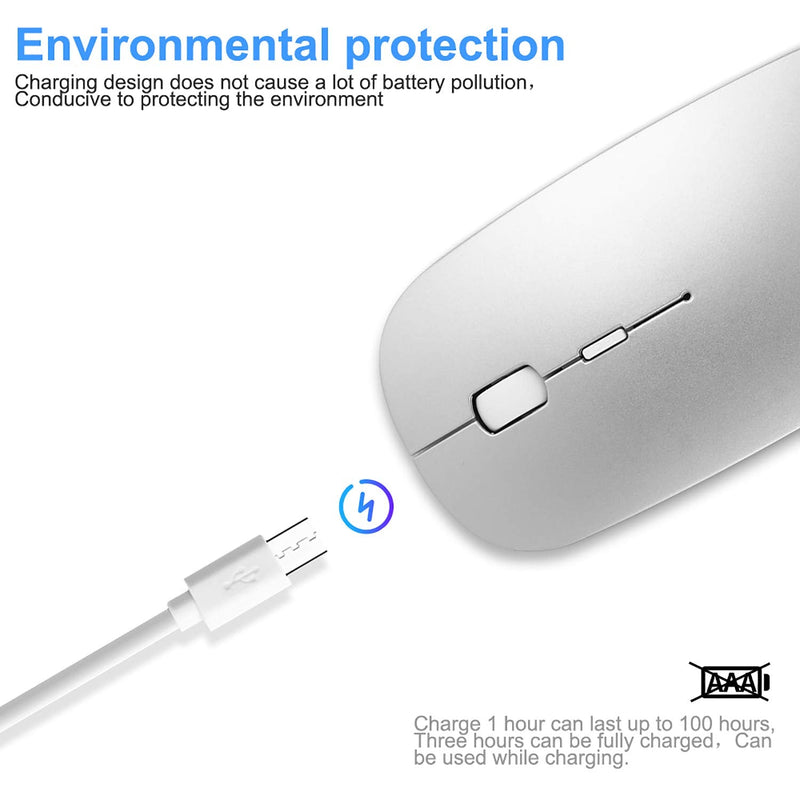 Ultra-Thin 2.4G Office Wireless Mouse Mute Charging Mouse Notebook Home Mouse with USB Receiver Compatible for Notebook, PC, Laptop, Computer, MacBook (Silver) Silver