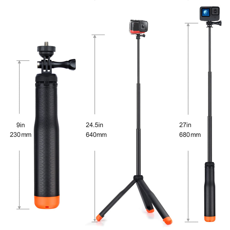 [AUSTRALIA] - GEPULY Waterproof Telescopic Selfie Stick Floating Hand Grip Tripod for GoPro Hero 10 9 8 7 6 5 4 3 2, Fusion, Max, OSMO and Most Action Cameras - Features as Floating Pole, Hand Grip, Monopod, Tripod Floating Tripod Pole for Action Camera 