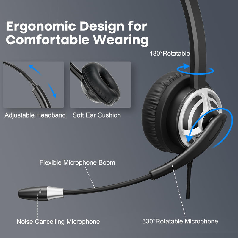 [AUSTRALIA] - MKJ USB Headset with Microphone Noise Cancelling - Computer Headphones with Mic for PC, Laptop, Mac - Call Center Headset for Zoom, Ms Teams, Business, Office - Wired VoIP USB-A Headset for Softphone 