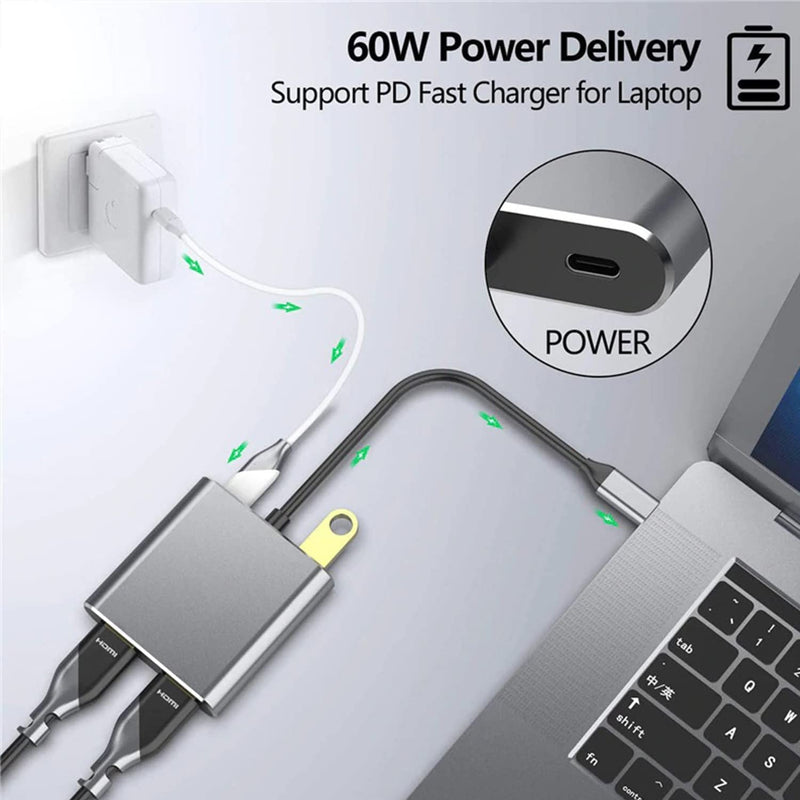 USB C to Dual HDMI Adapter, 4 in 1 USB Type C Hub with 2 HDMI/USB3.0 /PD Charging, Dual Screen Display USB-C Docking Station for Windows, MacOS