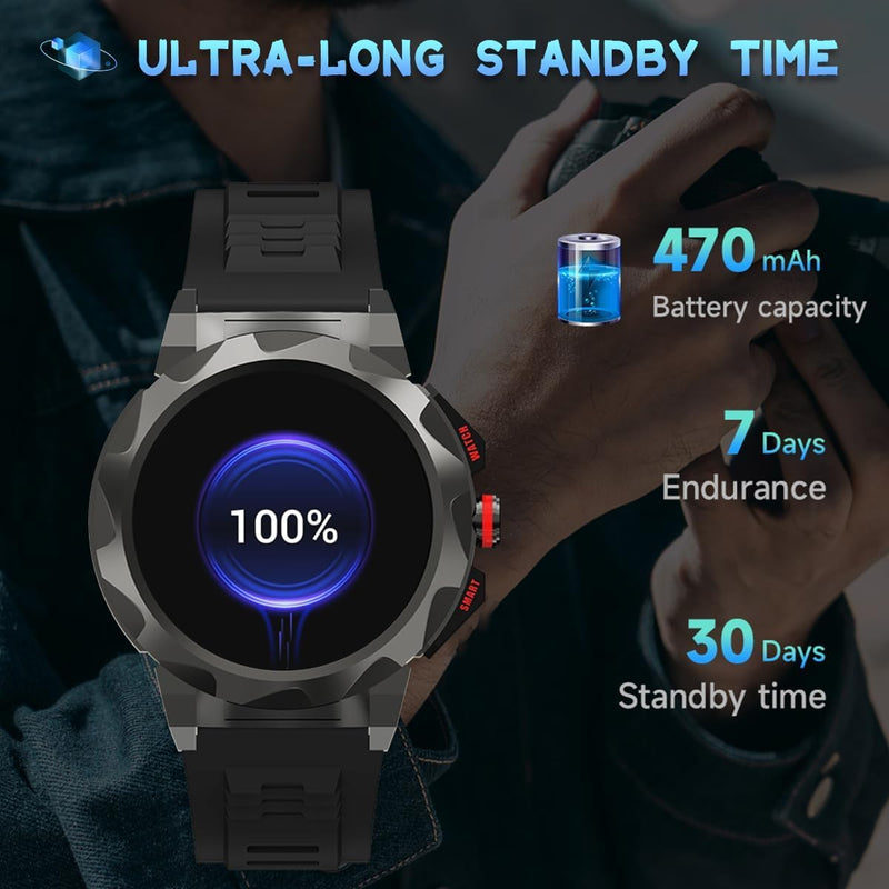 Men Smart Watch (Answer/Make Call) Fitness Tracker Heart Rate Pedometer Calories 100+ Sport Modes Ip68 Waterproof Rugged Military Tactics Smartwatch Men for Android iPhone