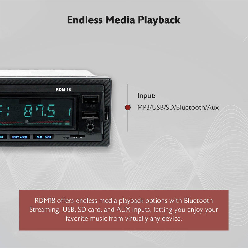 Rockville RDM18 V2 In-Dash Digital Media Car Receiver, 50W, 4 Channels, Bluetooth, AM/FM, MP3, USB/SD, Color Selectable, Remote, Perfect for Car Audio | Dual USB with Charging, 32GB SD, 50W x 4 Peak / 17W x 4 RMS, Front Aux, Single DIN, Remote, Color L...