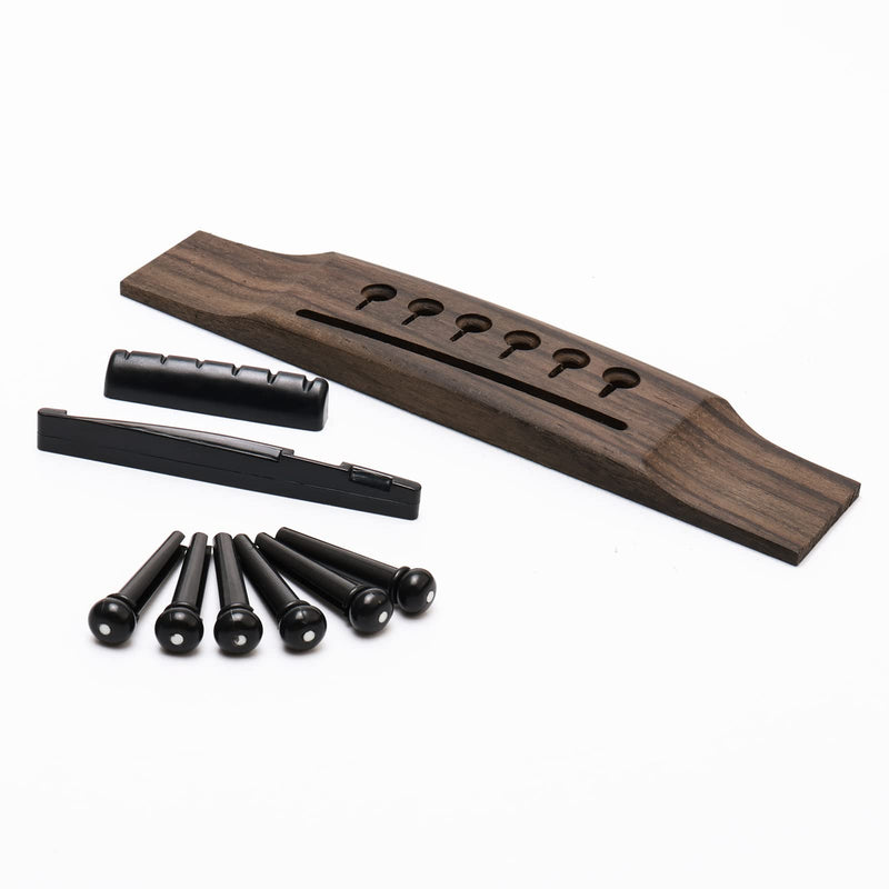 6 String Rosewood Acoustic Guitar Bridge Saddle Nut Pins Set with Six Pin Kit and Rosewood Bridge Replacement Parts, Black