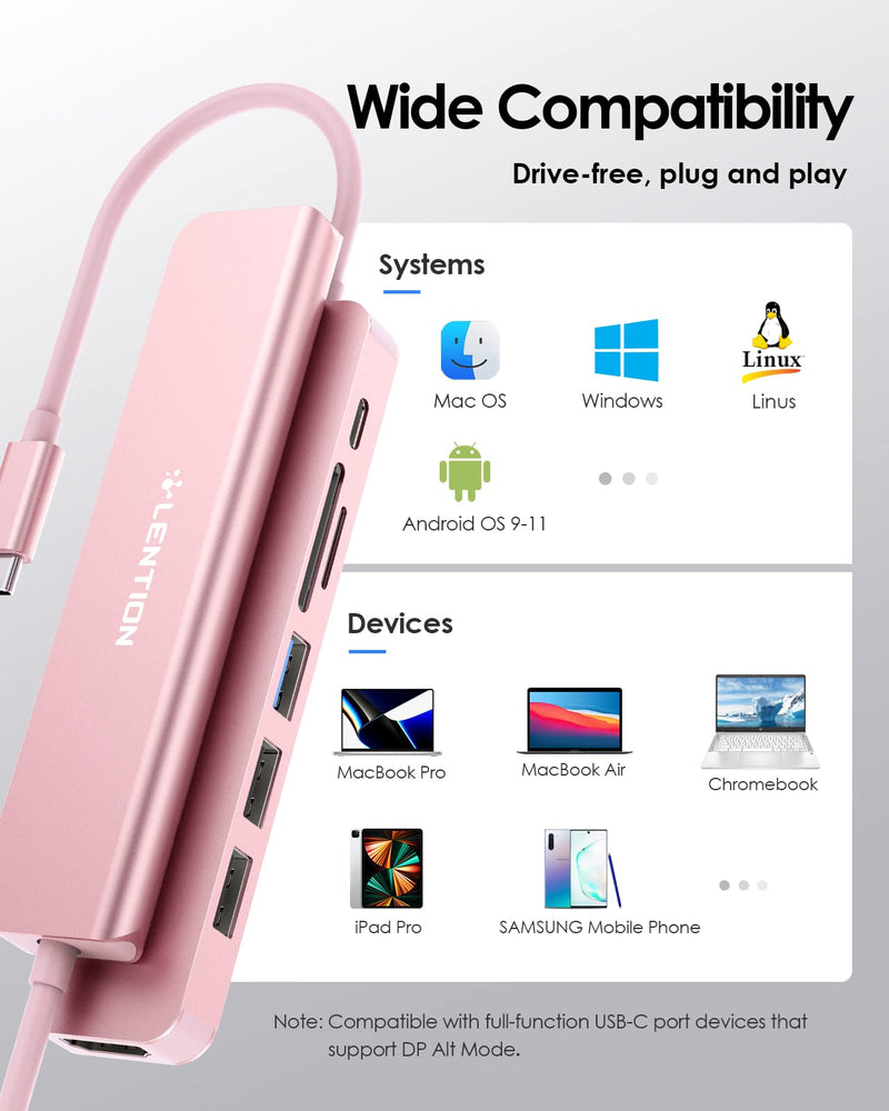 LENTION USB C Hub with 100W Charging, 4K HDMI, Dual Card Reader, USB 3.0 & 2.0 Compatible 2023-2016 MacBook Pro, New Mac Air/Surface, Chromebook, More, Stable Driver Adapter (CB-CE18, Rose Gold)