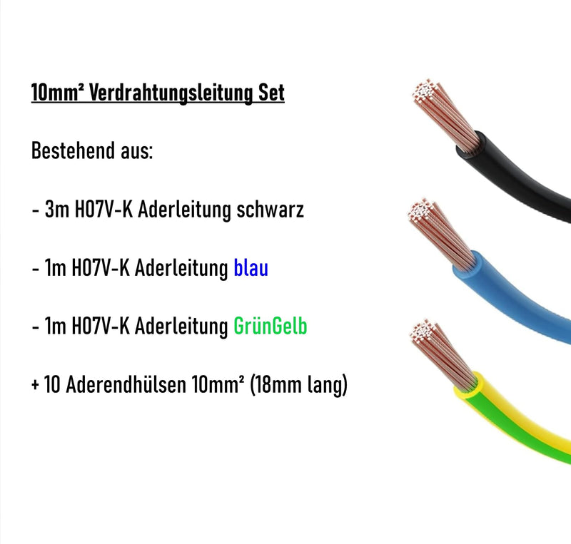 CusoTec Wiring Cable Set 10 mm² Single Core Cable Wiring Bridges for Meter Space Black 3 m - Blue 1 m - Green Yellow 1 m + 10 Wire End Ferrules (10 mm² Set) 10 mm² set