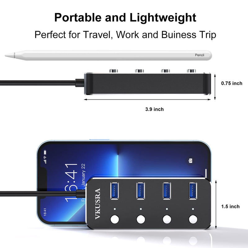USB Hub,VKUSRA 4 Port USB 3.0 Hub Splitter with 4ft USB Extension Cable Multiple Port and Individual On/Off Switchs,USB Port Expander for Laptop PC USB HUB 4 PORTS