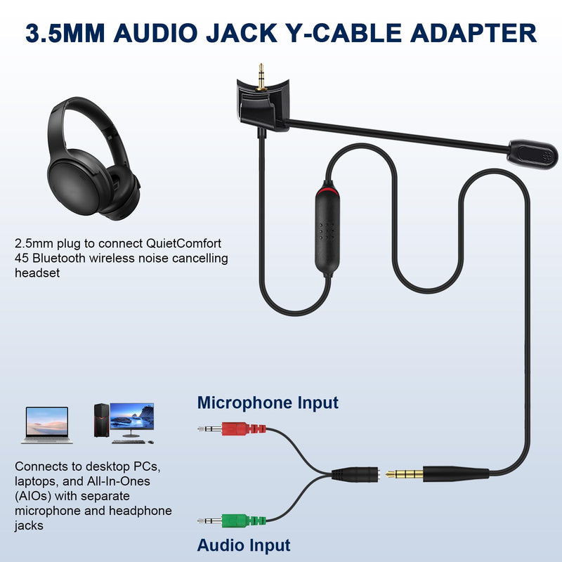QC45 Microphone Compatible with Bose QC45 Wireless Noise Cancelling Headphones, Boom Gaming Microphone Cable with Mute Switch for PS4, PS5, PC, Xbox One Controller (QC45 Boom Mic, 3.5mm Y-Splitter)