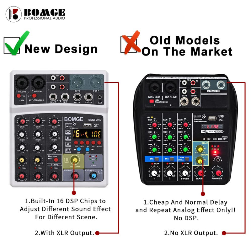 [AUSTRALIA] - BOMGE 4 Channel dj Bluetooth Audio Mini Mixer with Effects, USB Interface, Stereo Recording, 48V Phantom Power for PC,phone(White) white 