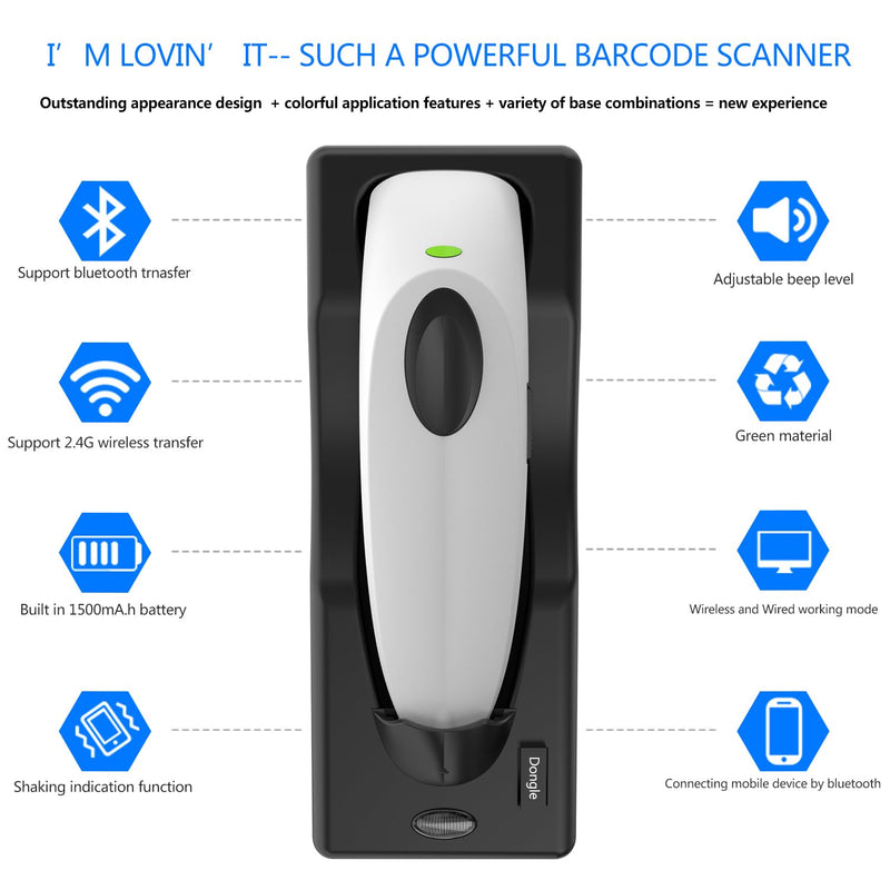 Bluetooth Wireless Handheld Barcode Scanner with Base 2.4G Wireless+USB Wired 1D 2D Barcode Scanner QR PDF417 Data Matrix UPC Rechargeable Bar Code Scanner for Laptops/PC/Android/Apple iOS