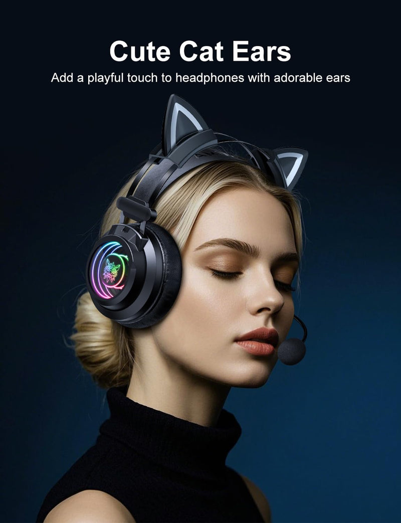 [AUSTRALIA] - Gaming Headset with Microphone, Detachable Cat Ears, Abyssal Mirror RGB Light, 50 MM Drivers Surround Sound, Lightweight Gaming Headphones for PC/Laptop/PS4/PS5/Switch 