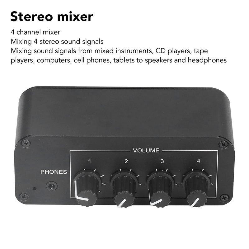 4 Channel Stereo Sound Mixer, Stereo Channel Mini Audio Mixer with Ultra Low Noise, Input and Output, Separate Volume Controls for Headphones