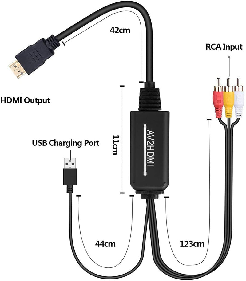 RCA to HDMI Converter, AV to HDMI Converter Cable Cord, 3RCA CVBS Composite Audio Video to 1080P HDMI Supporting PAL NTSC for PC Laptop Xbox PS3 PS4 TV STB VHS VCR Camera DVD Etc RCA (Male) to HDMI (Male) Converter Cable